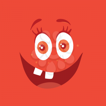 Funny smiling monster. Red smile character. Happy germ with tooth. Monster with big eyes and red mouth. Vector cartoon funny bacteria illustration in flat style design. Friendly virus. Microbe face
