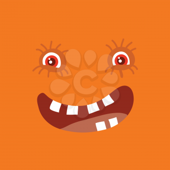 Funny smiling monster. Smile character. Happy germ with tooth. Monster with big eyes and mouth. Vector cartoon funny bacteria illustration in flat style design. Friendly virus. Microbe face
