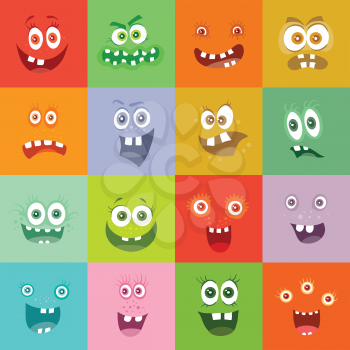 Smiling monsters set. Happy germ smile characters with tooth. Monsters with big eyes and mouths. Vector cartoon funny bacteria illustrations in flat style design. Friendly viruses. Microbe faces