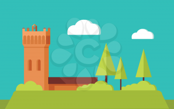 Summer vacation touristic landscape. European medieval castle tower or monastery building on hill with trees horizontal vector banner. For travel company, touristic attractions ad, greeting card  