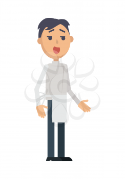 Waiter or cook character icon. Smiling brunet man in apron flat vector isolated on white background. Maid or servant. Service staff and personnel. For profession, work, business concepts design  
