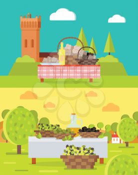 Italian truffles and spanish olive oil concepts. Baskets with mushrooms and olives on table with tablecloth, medieval city, farm garden on background vector illustrations. For travel company ad