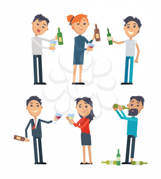 Drunk people in rumpled clothes, with messy hairstyle holding bottle or grass of wine flat style vector isolated on white. Drinking alcohol. Hangover after party. For healthy lifestyle concepts design