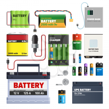 Set of batteries. Primary cells or non-rechargeable batteries. Secondary cells or rechargeable batteries. Automotive battery. Power bank. High discharge universal battery, cylindrical dry AA battery
