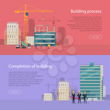 Building process. Completion of building. Construction of residential houses banners set. Big building area. Vector. Skyscrapers real estate in flat style design. City infrastructure development.
