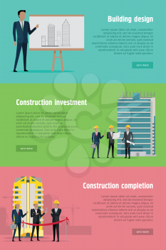 Building design. Construction investment and completion web banners set. Levels or stages of house building. Since planning till putting into operation of house in flat style. Vector illustration
