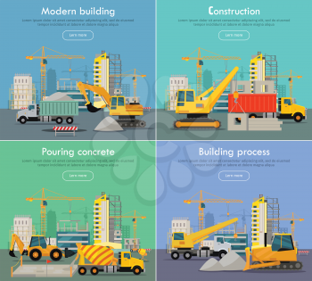 Modern building. Construction. Pouring concrete. Building process. Construction of residential houses banners set. Big building dormitory area. Icons of construction machinery. Vector illustration