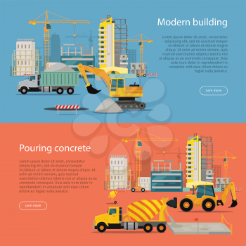Modern Building. Process of Pouring Concrete. Vector banner construction and concreting. Buildings, cranes, excavator, concrete mixer, tractor illustration. Architecture poster for landing page design