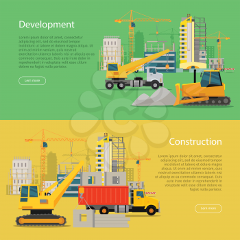 Construction development web banner. Building process. House building in flat style. Building of residential banner with equipment crane, truck, materials. Big building area. Vector illustration