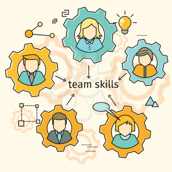 Team skills banner. Avatar in gear. Team building, workshop, training skill, develop ability, expertise, business people teamwork, personal development growth, team leader skills concept. Line art