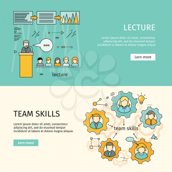 Team skills and business lecture banner. Business education, team building, workshop, training skill, develop ability, expertise, business people teamwork, personal development growth. Vector line art