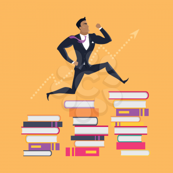 Getting on top of knowledge vector concept. Flat design. Man in business suit running on piles of books. Self-education, educational level and literature reading concept. On orange background. 
