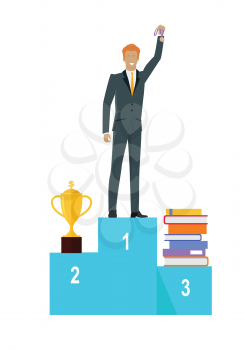 Successful man banner. Professional growth. Person standing on winning pedestal. First prize place. Trophy gold cup. Achieves best results due to constant learning. Vector illustration