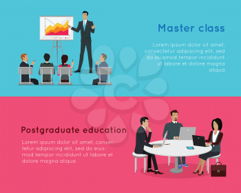 Master class and postgraduate education banners. Professional growth in successful team work. Business education infographic. Presentation data and information, chart for study. Vector illustration
