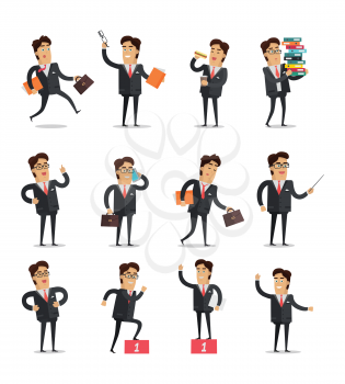 Set of businessman in different poses. Young businessman in black business suit and tie with various objects. Businessman character collection. Vector illustration in flat design.