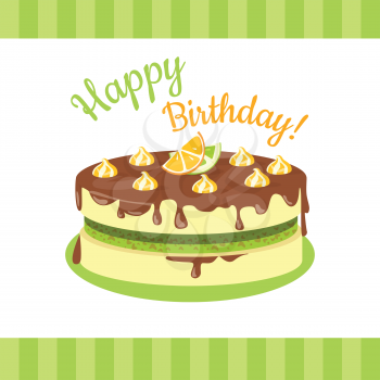 Happy birthday cake with lemons, limes, mandarins and oranges isolated. Cake with citrus fruit and chocolate. Wedding cake , dessert cookies, food sweet pie with cream and fruit vector illustration