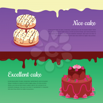 Excellent cake and nice cake banners. Decorated with fruits chocolade cakes covered glaze flat vector illustration. Delicious baked sweets. For bakery, confectionery, culinary recipes web page design
