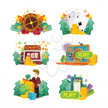 Casino, slot machines, dice, poker and online games icons. European roulette wheel, chips, croupier, craps dice, slot machine and playing cards on white background. Icons for online casino