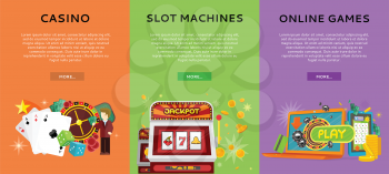 Casino, slot machines and online games banners. European roulette wheel, chips, croupier, craps dice, slot machine and playing cards on color background. Banner for online casino. Casino background
