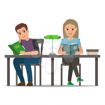 People reading textbooks in library. Man and woman characters seating at the table with open book in hand isolated flat vector. Enthusiastic readers illustration for educational and hobby concept