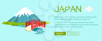 Japan conceptual web banner. Japanese wooden bridge across pond with Fiji Mount in background flat vector illustration. Horizontal concept with country national symbols for travel company landing page