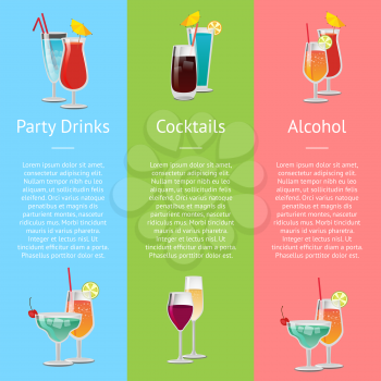 Cocktails, party drinks and alcohol representation on colorful poster with alcoholic beverages in glasses. Vector illustration with decorated cocktails
