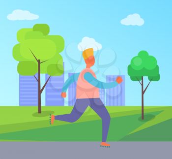 Man running on roller skates in summertime city park. Vector illustration with green trees and grass and town buildings on background