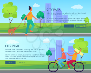 City park collection of cartoon posters with text. Vector illustration of adult woman walking her dog along with cyclist riding orange tandem bicycle