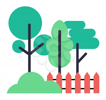 Cartoon style icons of various species of trees with foliage of different shade and shape, lush bush and wooden fence isolated on white background.
