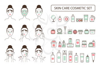 Skin care cosmetic set on promo poster with woman that applies beauty means on face isolated cartoon flat vector illustrations on white background.