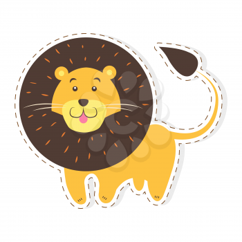 Cute funny african cat or lion vector flat cartoon sticker or icon outlined with dotted line isolated on white. Wild animal illustration for game counters, price tags