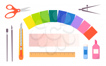 Scrapbooking concept vector scissors, metal compasses, olored paper, orange wooden pencil, stationery knife, ruler, glue and brushes on white background.