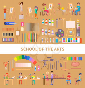 School of arts isolated vector illustration with diligent students during class along with their artworks, useful tools and instruments on light brown