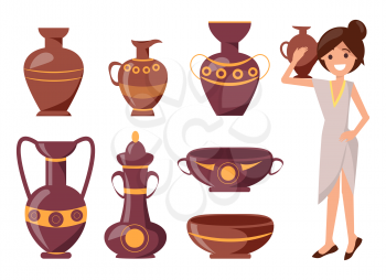 Woman posing with clay vase vector illustration isolated on white. Ornamental pot of different shapes on exhibition with decor