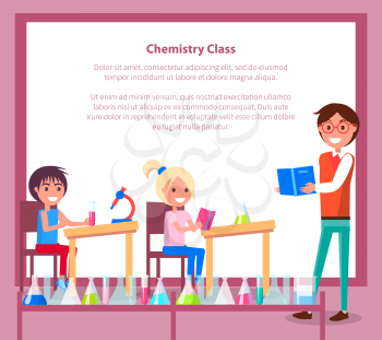 Chemistry class banner with teacher, students sitting at desks with flask and microscope, vector illustration of learning process with place for text