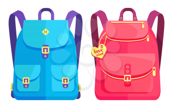 Rucksacks for boys and girls in pink and blue colors with big pockets and metal fasteners vector illustration isolated on white