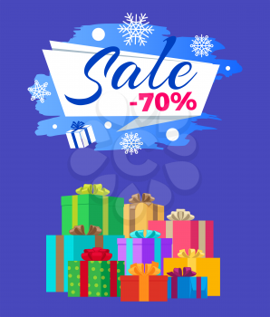 Sale -70 vector illustration poster with label decorated by snowflakes, pile of gift boxes, Xmas presents in wrapping paper isolated on blue background