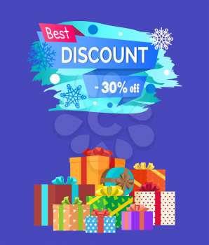 Best discount -30 advert text written on promo label with snowflakes on backdrop, pile of presents decorative wrapping paper isolated on blue vector