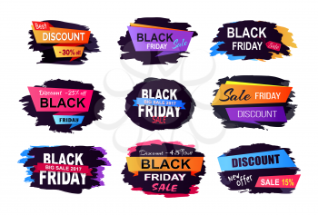 Black Friday sale and discount, collection of stickers with backgrounds and unique titles decoration on vector illustration isolated on white