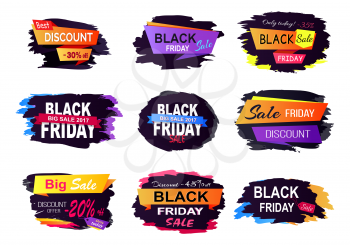 Big sale discount offer black Friday, labels representing creative fonts placed on ribbons with dark background vector illustration