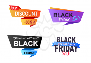 Discount -25 off, black Friday, banner that depicts stickers collection with ribbons of different colors and titles vector illustration