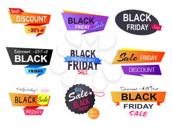 Only today -35 discount, poster that represents sales made by shops during black Friday, set of stickers on vector illustration isolated on white