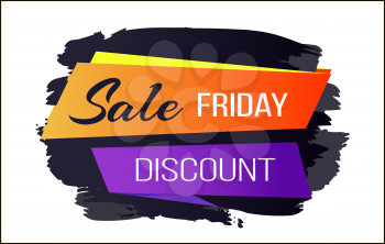 Sale discount Friday, badge representing title in different fonts, shadow behind colorful stripes on vector illustration isolated on white