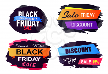 Black Friday big sale, new offer, stickers set with headlines written in creative fonts and frames for them on vector illustration