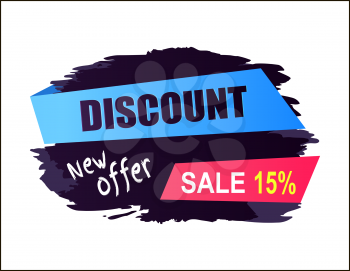 Discount sale 15 new offer, promotional sticker with blue and pink stripes with text and shadow on background vector illustration