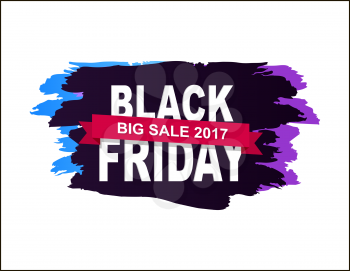 Black Friday big sale 2017, badge made up of title, additional text on pink ribbon, dark background vector illustration isolated on white