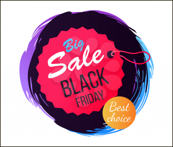 Big sale Black Friday best choice, tag with lace of circular shape and pink color, sticker with dark background vector illustration
