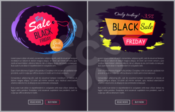 Big sale black Friday best choice only today, internet pages with decorated headlines, text sample and buttons for clicking vector illustration