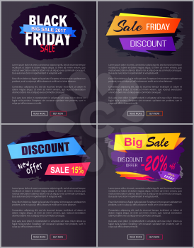 Big sale 2017 Black Friday discounts new offer advert web banners set with text on geometric abstract figures isolated on dark vector illustrations