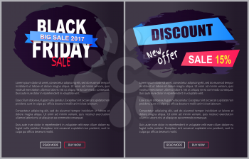 Black Friday big sale 2017 promo web posters with advertising information about discounts on painted stroke in dark color inscription landing page